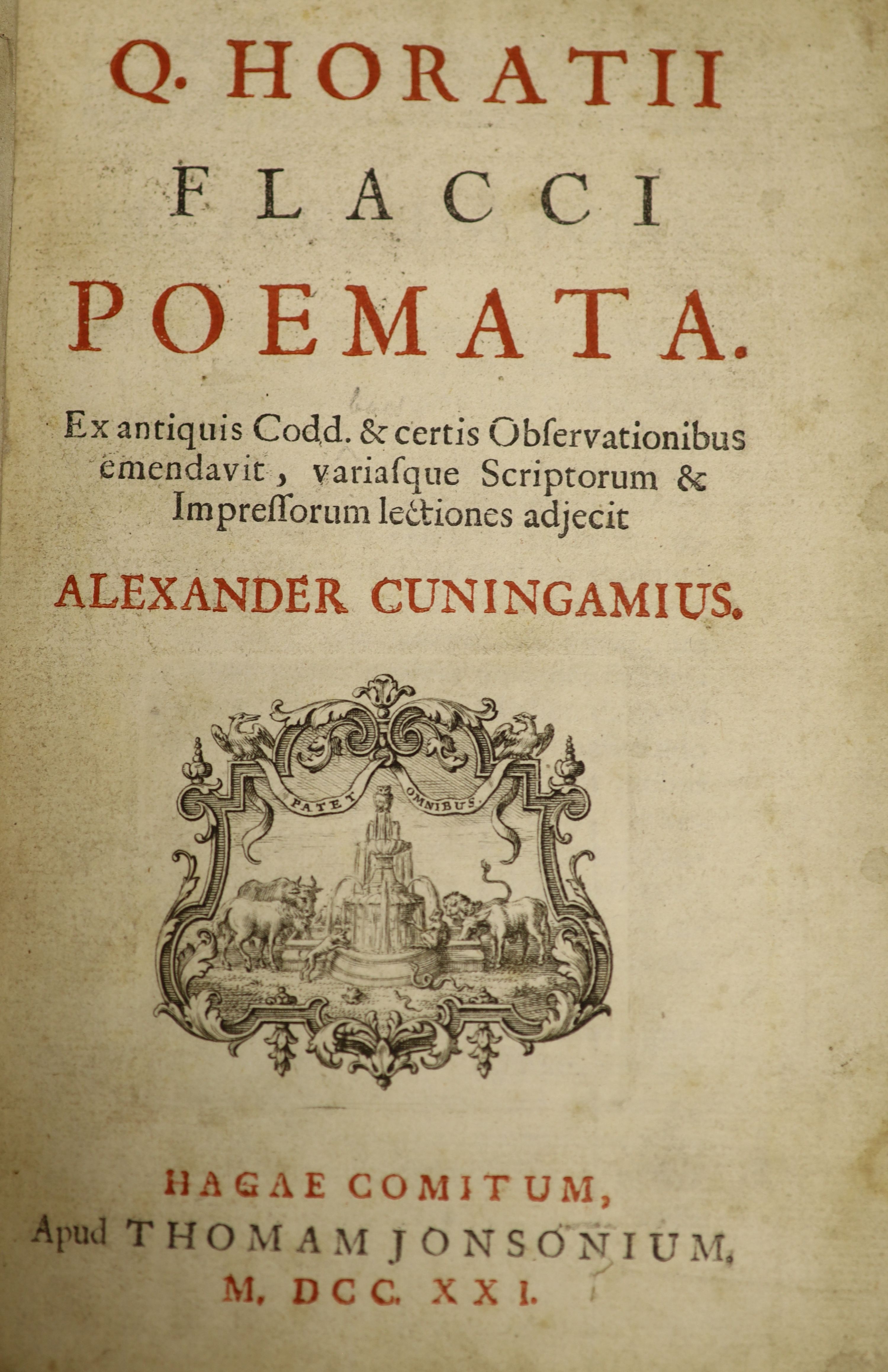 Cunningham, Alexander (editor) - Q. Horatii Flacci Poemata, vol 1, (of 2), 8vo, half calf, engraved frontispiece, Thomam Jonsonium, Hagar Comitum, 1721